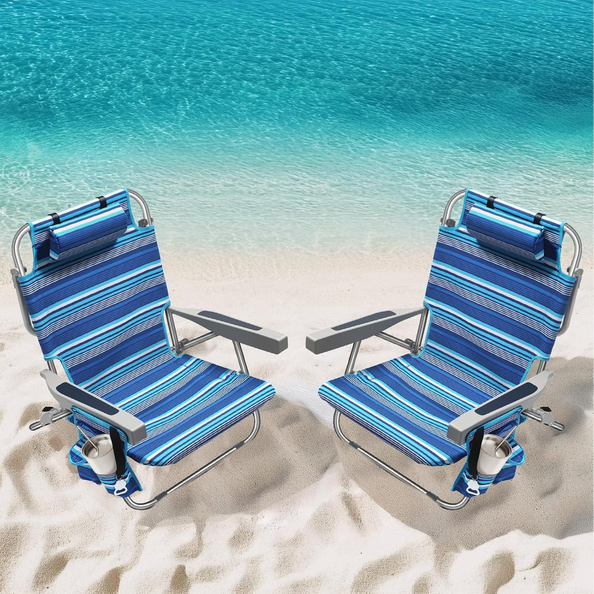 5-Position Aluminum Lay Flat Tall Backpack Beach Chairs 2 Pack Compact Portable Beach Chairs