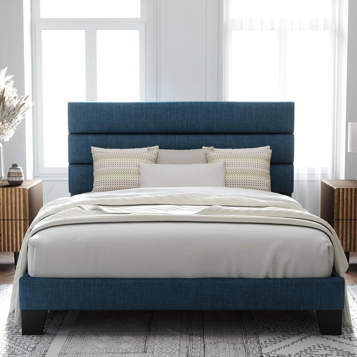 Allewie Queen Size Platform Bed Frame Fabric Upholstered Headboard Wooden Slats Support