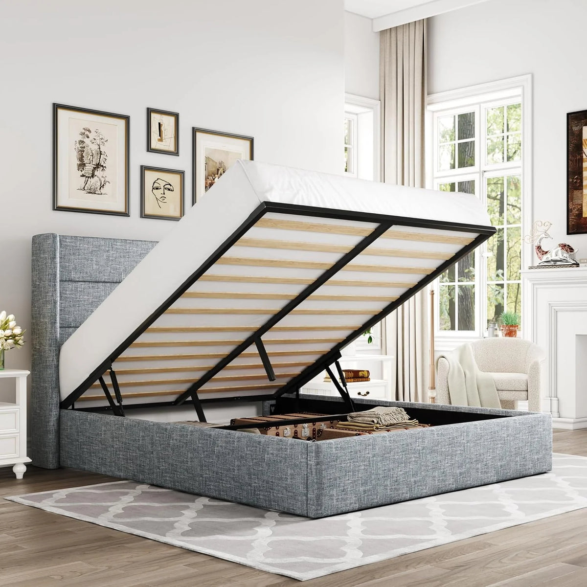 Allewie Queen Size Lift Up Storage Bed Modern Wingback Headboard Hydraulic Support