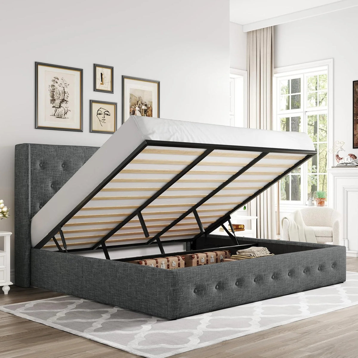 Allewie Queen Size Lift Up Storage Bed Modern Wingback Headboard Hydraulic Support