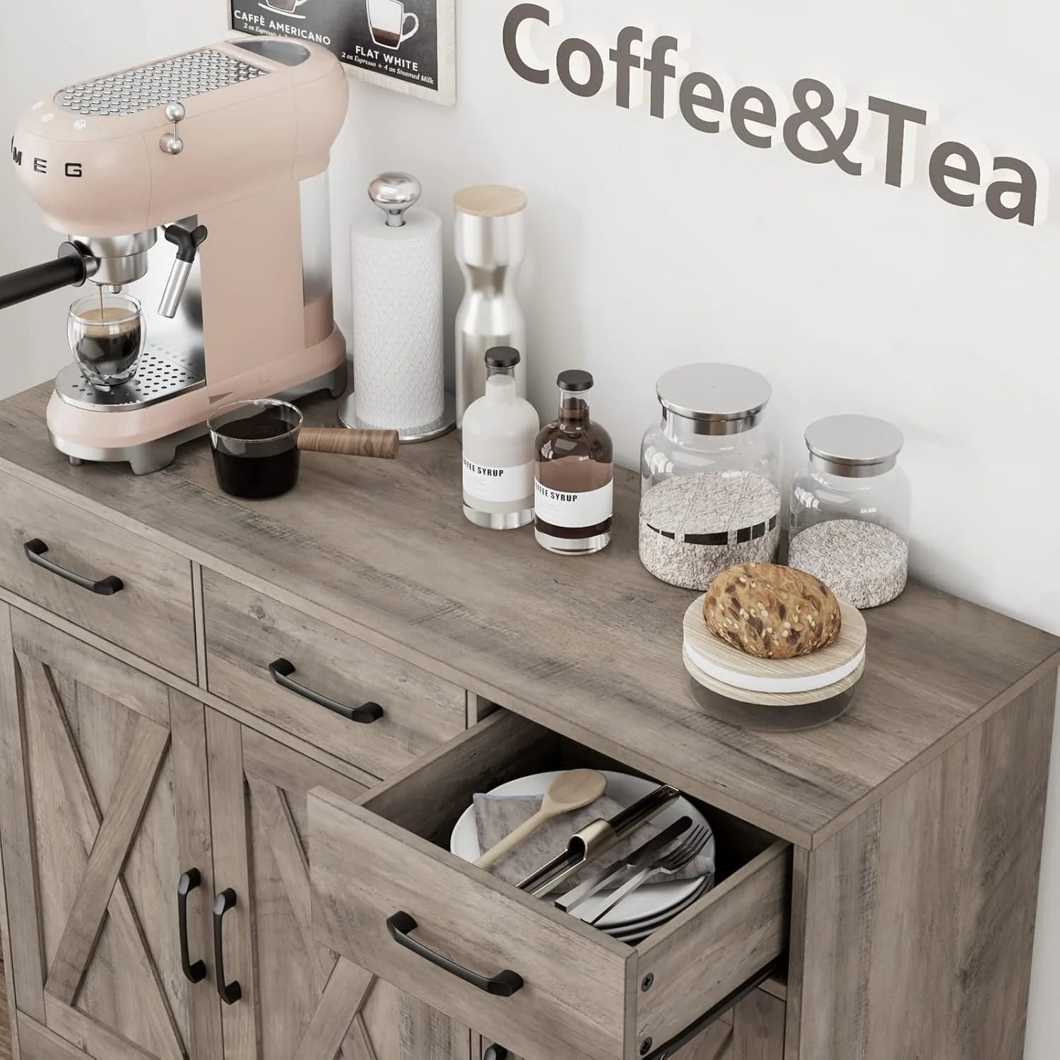 Modern farmhouse sideboard, barn door buffet storage cabinet with drawers and shelves, wooden coffee bar with storage