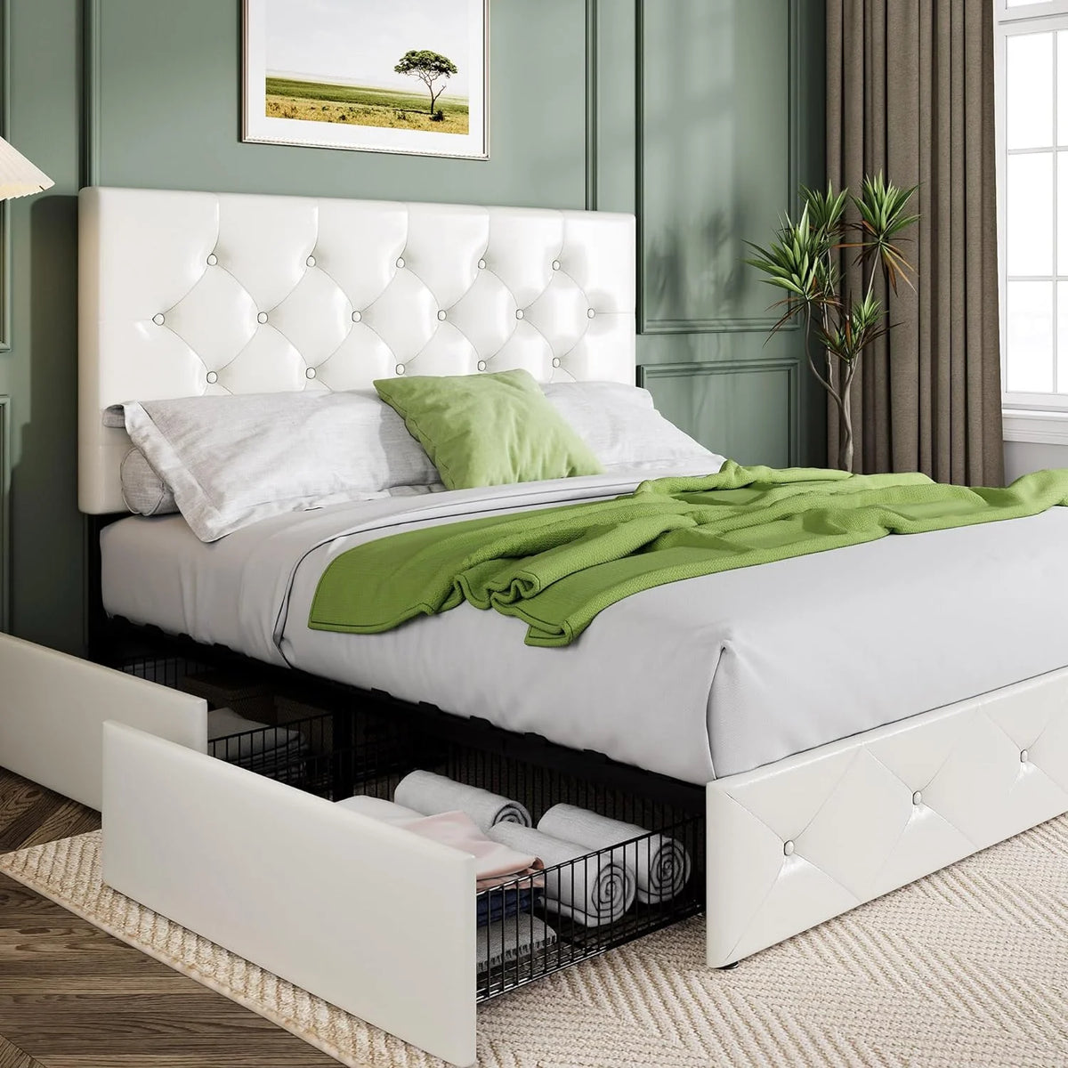 Allewie Upholstered Queen Size Platform Bed Frame with 4 Storage Drawers and Headboard