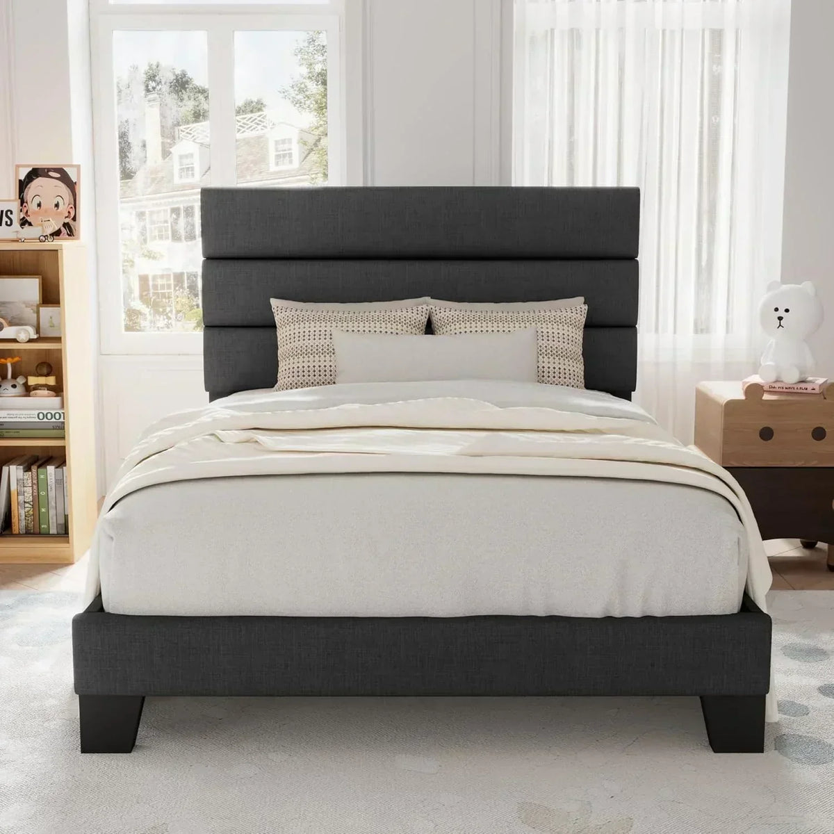 Allewie Queen Size Platform Bed Frame with Fabric Upholstered Headboard Wooden Slats Support