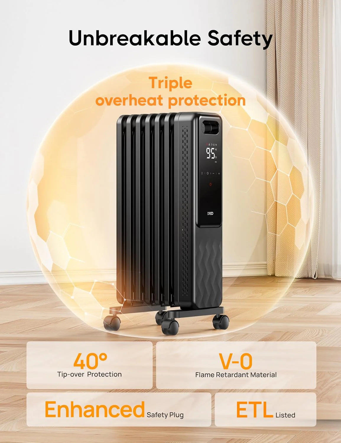 Indoor electric radiant heater with overheat and tip-over protection, digital thermostat, oil-filled radiator