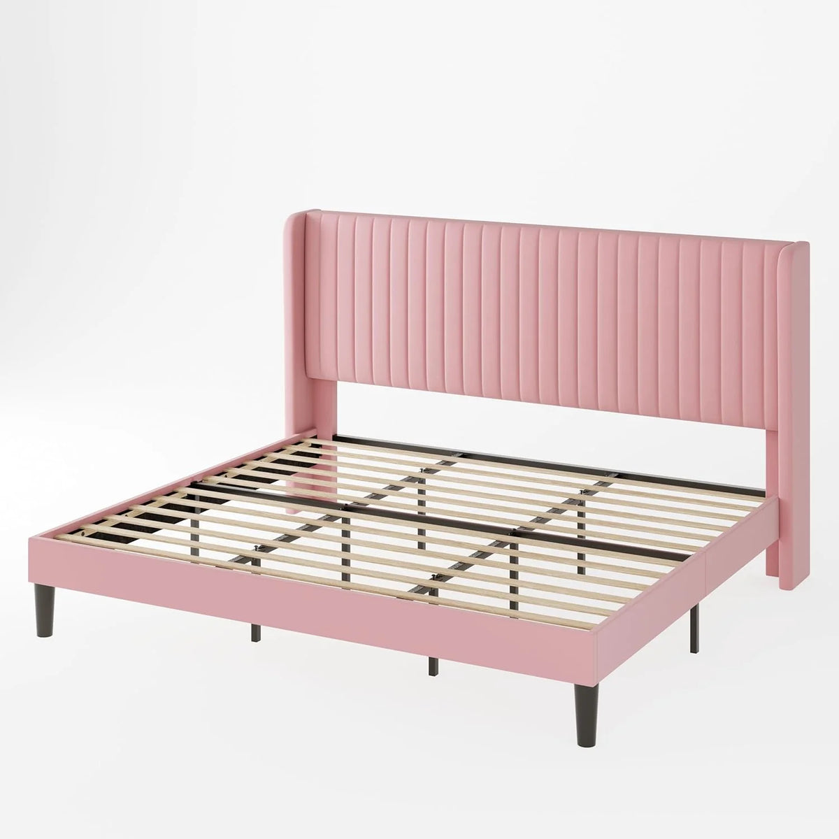 Allewie Full Size Velvet Bed Frame Vertical Channel Tufted Wingback Headboard Upholstered Bed