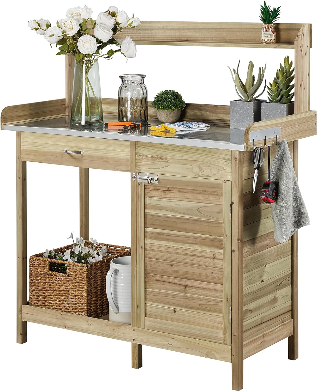 Yaheetech Outdoor Garden Potting Bench Table Work Bench Metal Tabletop W/Cabinet Drawer Open Shelf Natural Wood