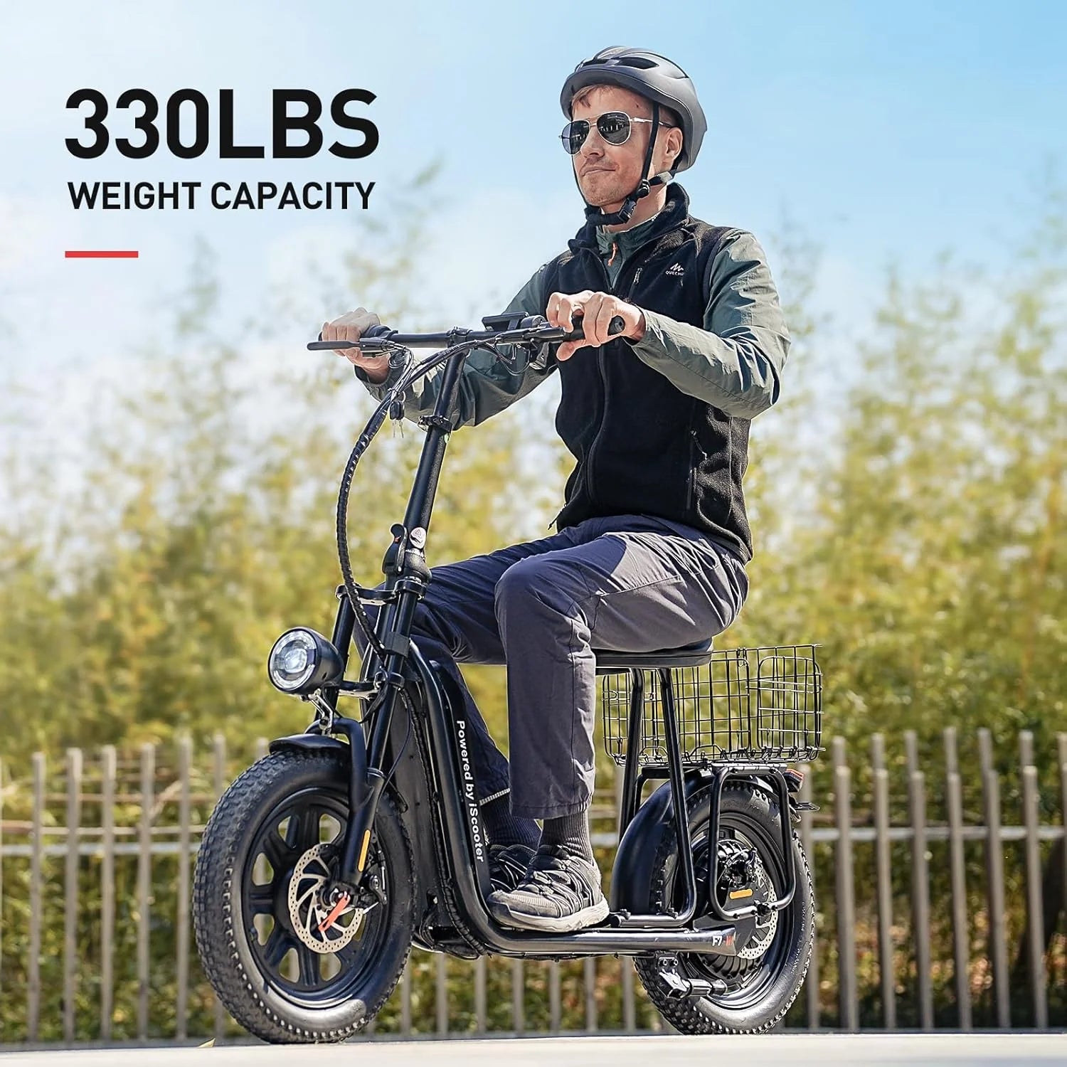iScooter electric scooter with seat, 37/21 mile range, 28/19/15.6 mph top speed, dual suspension scooter with basket