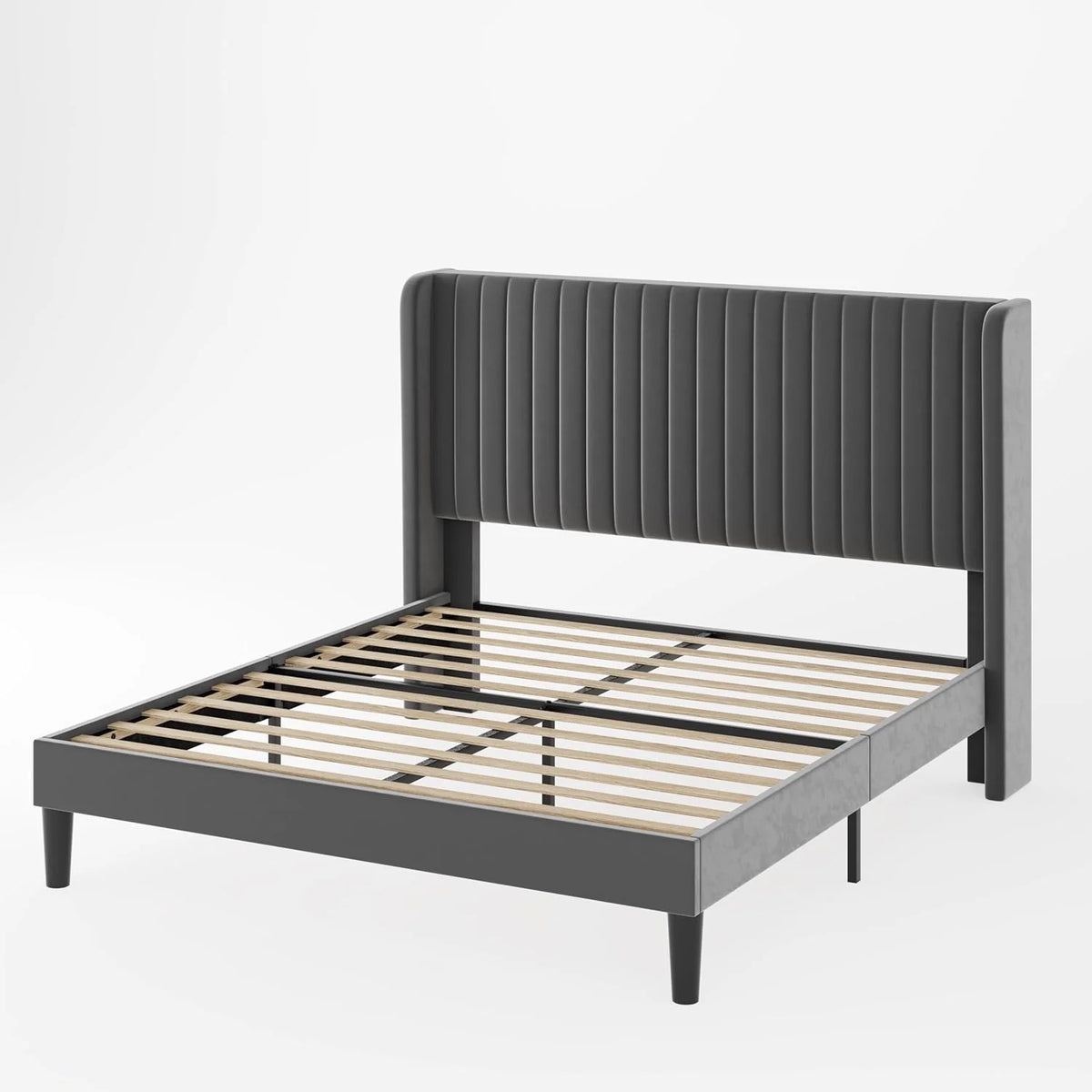 Allewie Full Size Velvet Bed Frame Vertical Channel Tufted Wingback Headboard Upholstered Bed