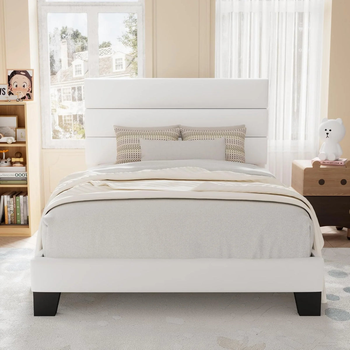 Allewie Queen Size Platform Bed Frame Fabric Upholstered Headboard Wooden Slats Support