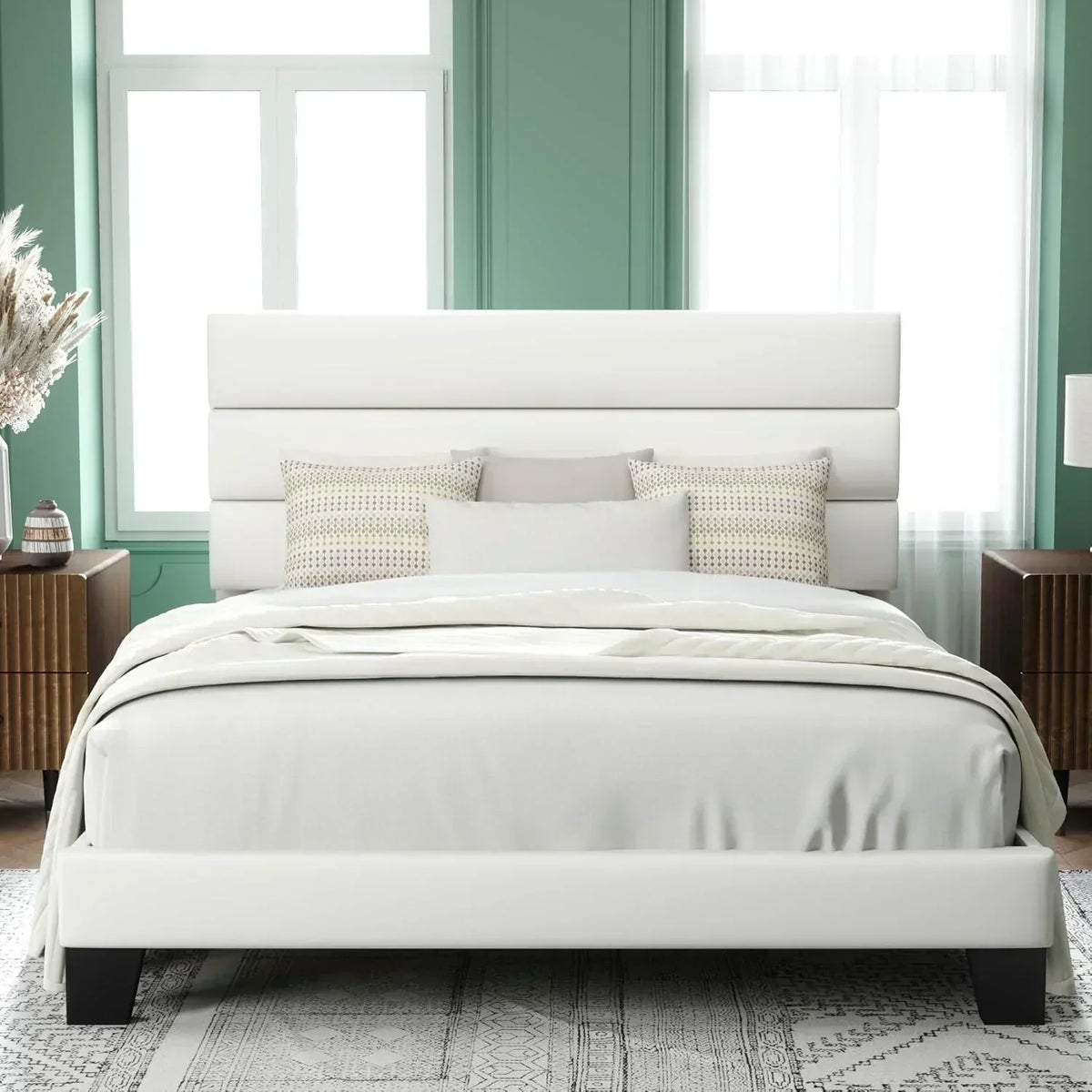 Allewie Queen Size Platform Bed Frame with Fabric Upholstered Headboard Wooden Slats Support
