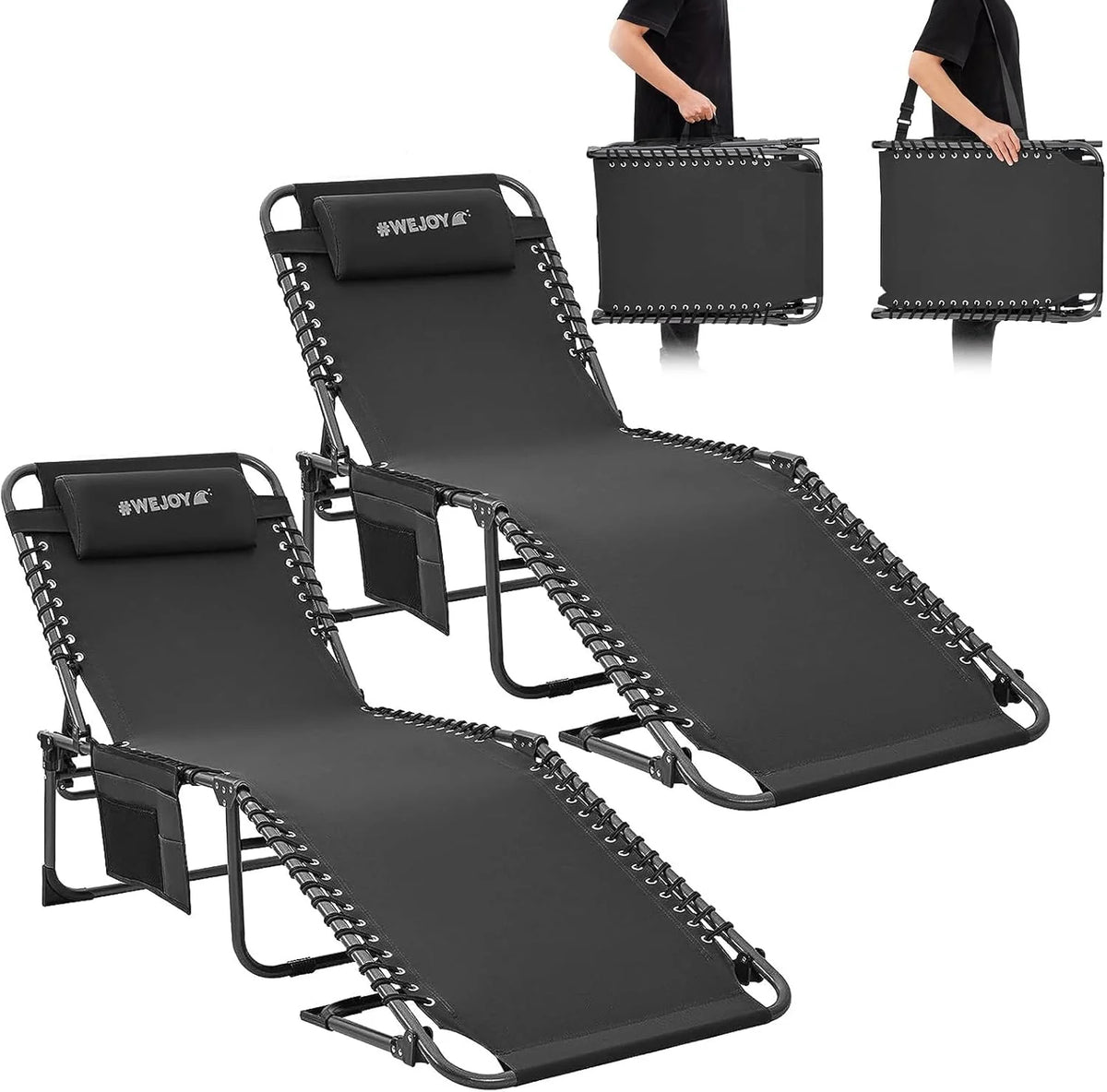 2 Pack Outdoor Chaise Lounge Chair - Portable Folding Patio Pool Lounge Chair, 5 Positions Adjustable Reclining Camping Chair with Side Table,Shoulder Strap, Pillow for Beach Sunbathing Lawn