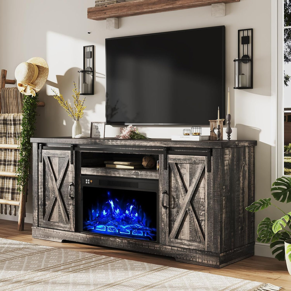 AMERLIFE Fireplace TV Stand with Sliding Barn Door  Farmhouse 63 Fireplace Entertainment Center