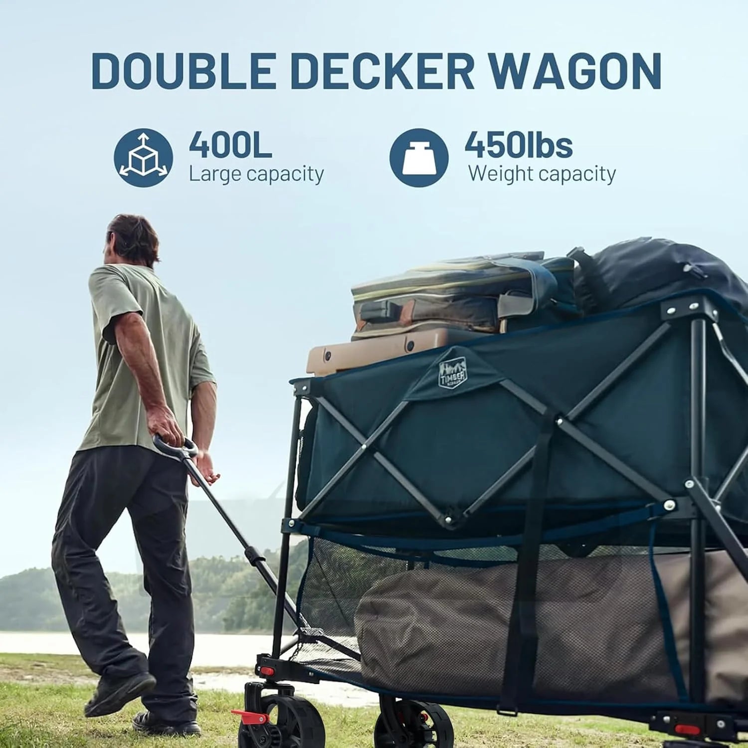 400L Large Capacity Folding Double Decker Cart with Brakes, 54 Inch Extra Long Extended Cart, 450 Pounds Heavy Duty Folding Cart