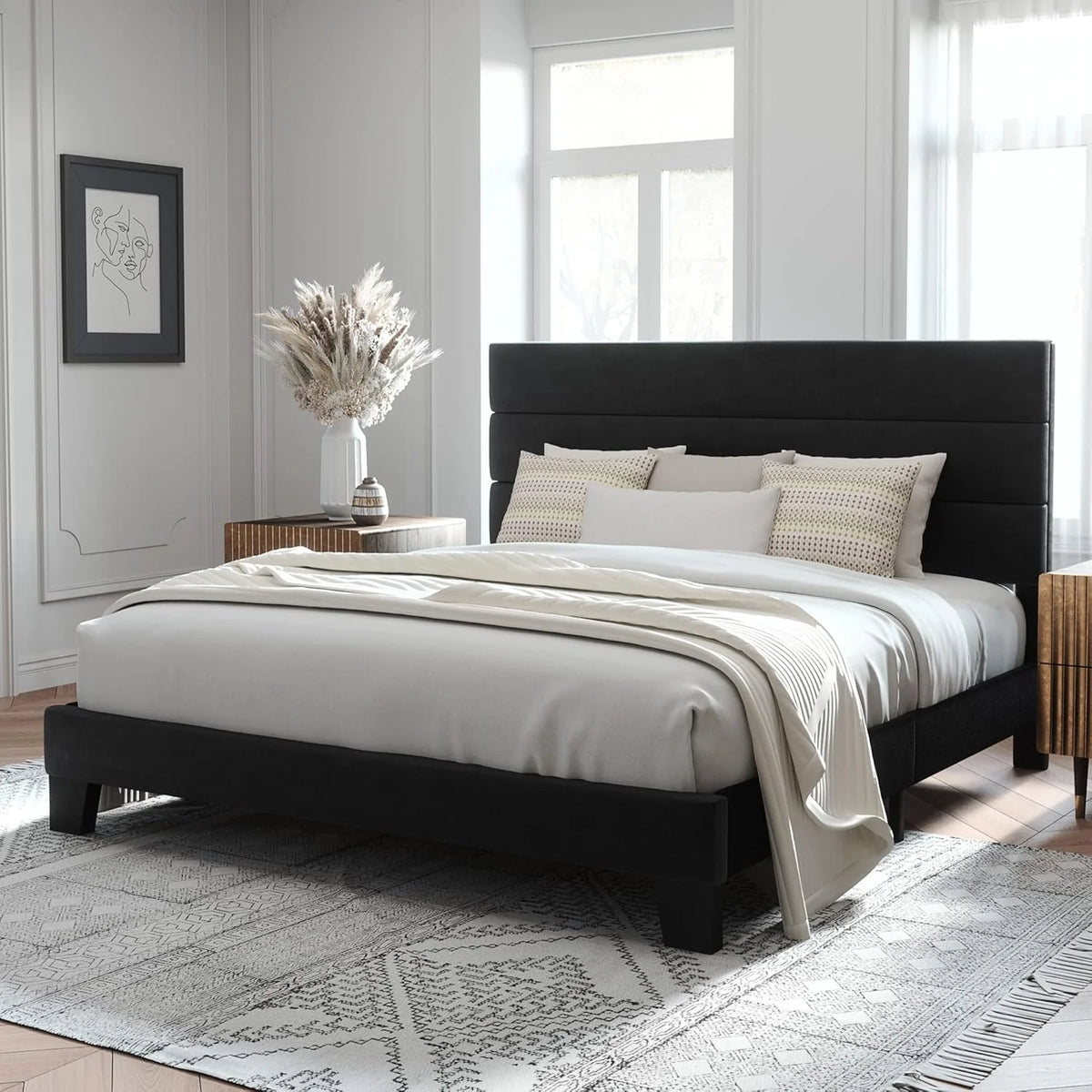 Allewie Queen Size Platform Bed Frame Fabric Upholstered Headboard Wooden Slats Support