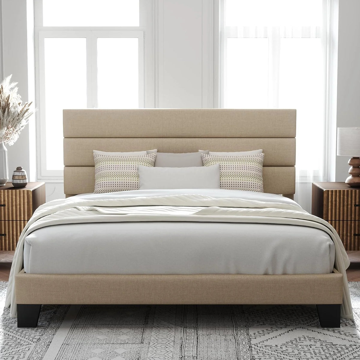 Allewie Queen Size Platform Bed Frame Fabric Upholstered Headboard Wooden Slats Support