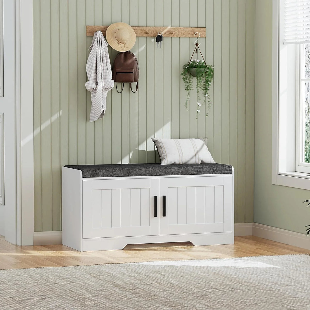 2-Tier Storage Bench, Shoe Bench with Thickened Padded Seat Cushion, Entryway Bench with 4 Doors, Adjustable Shelf, 13.8 D x 45.3 W x 18.5 H, for Entryway, Living Room, Bedroom, White