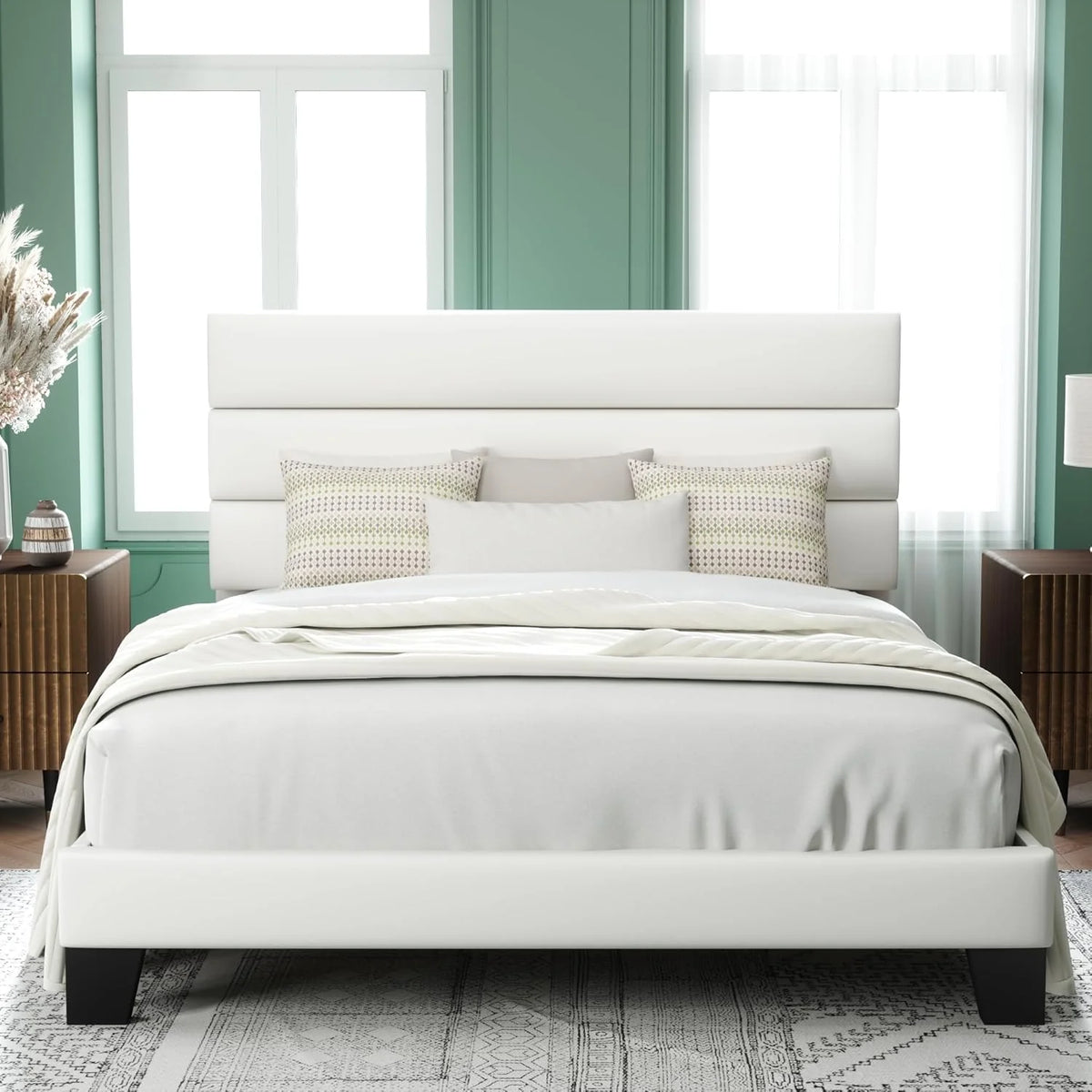 Allewie Queen Size Platform Bed Frame Fabric Upholstered Headboard Wooden Slats Support
