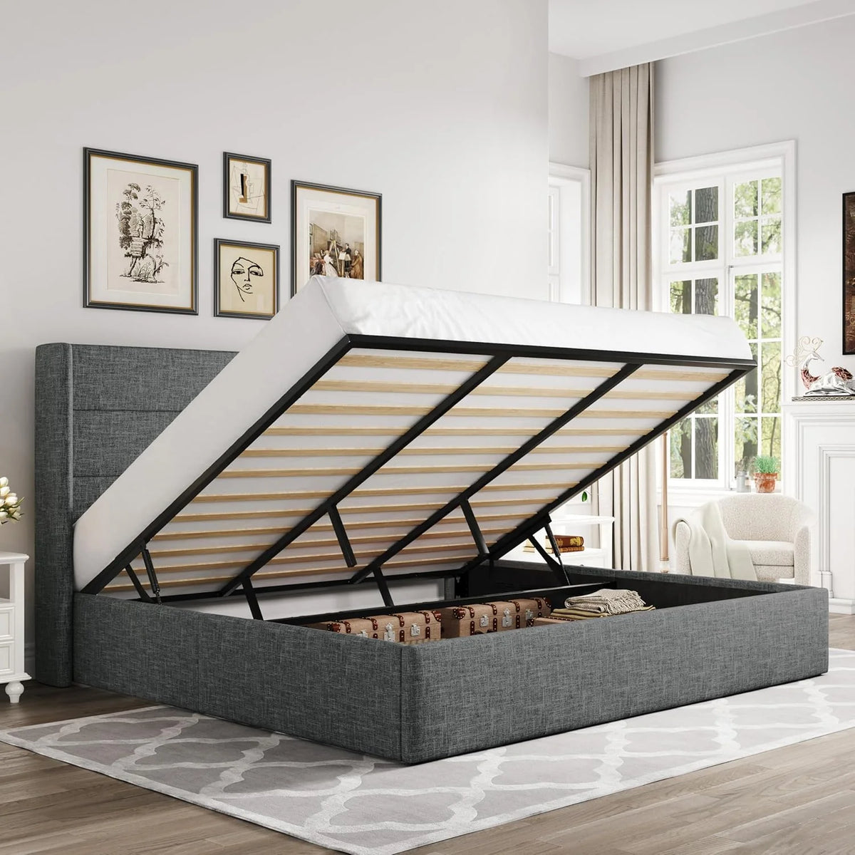 Allewie Queen Size Lift Up Storage Bed Modern Wingback Headboard Hydraulic Support