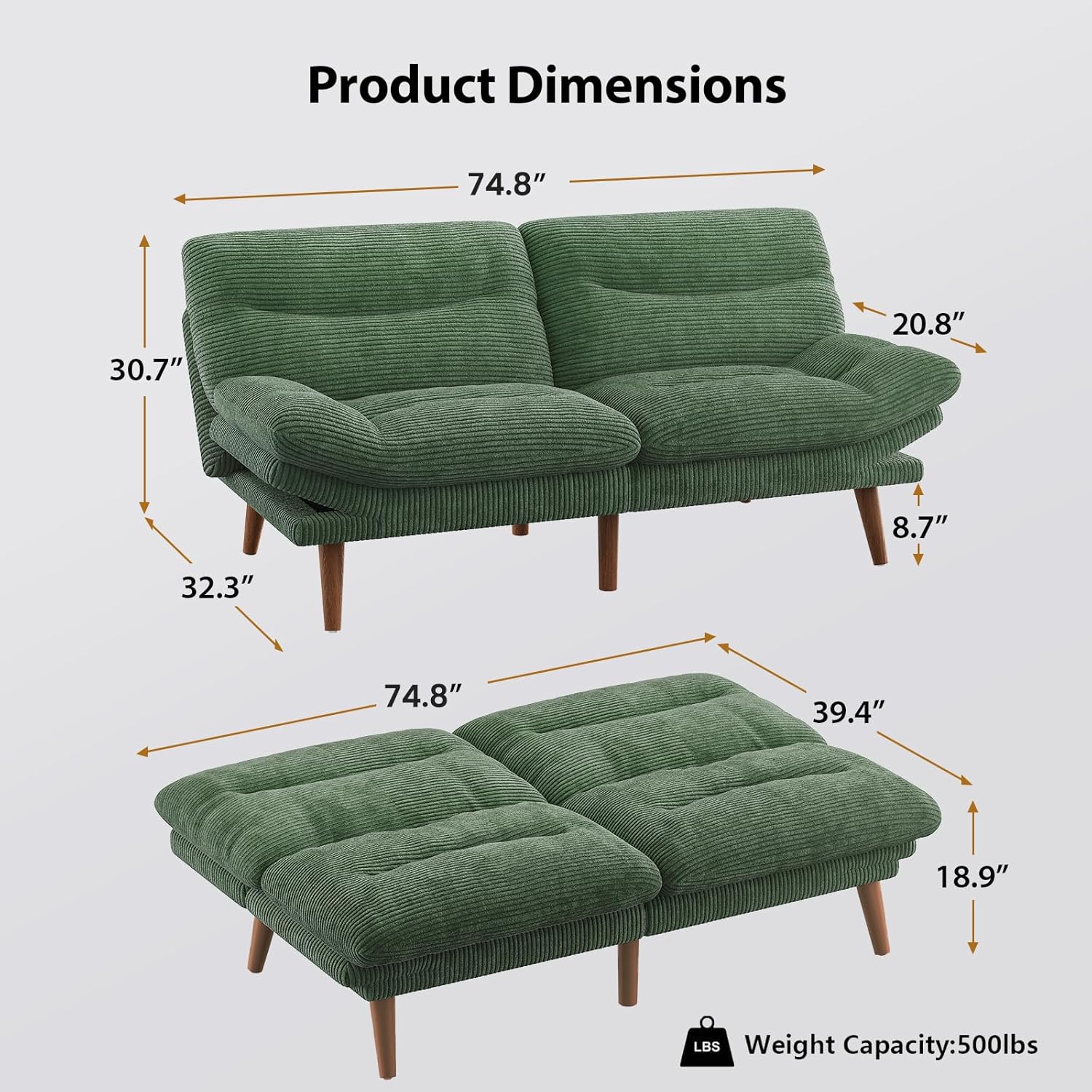 Pipishell Convertible Futon Sofa Bed,66 Corduroy Futon Couch with Adjustable Backrest and Armrests, Recliner Sleeper Sofa for Small Spaces, Play Room or Office, Grey