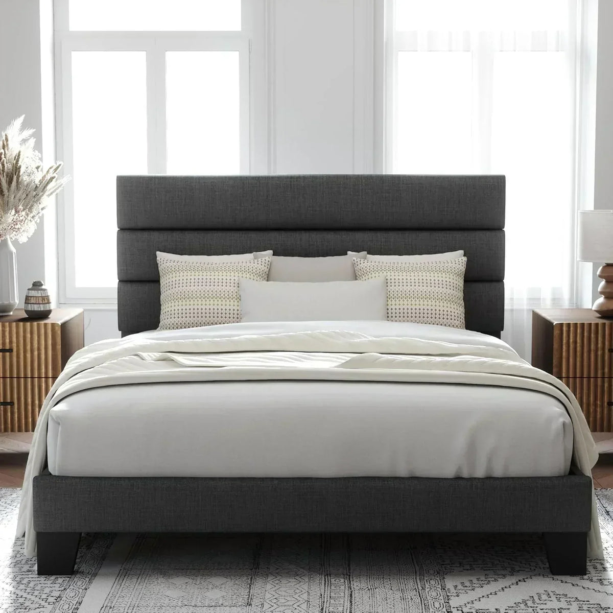 Allewie King size platform bed frame with velvet upholstered headboard and planks