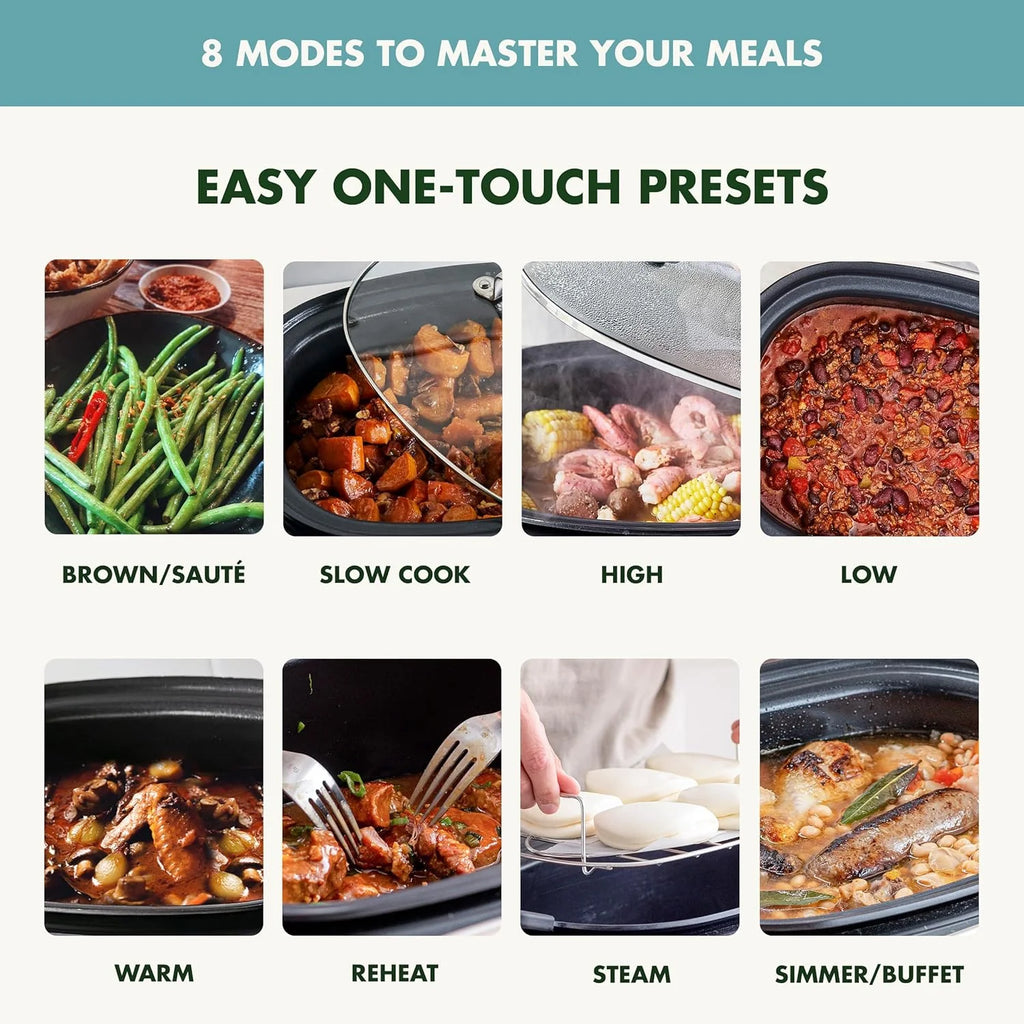8-in-1 Programmable 6QT Electric Slow Cooker with Dishwasher-Safe Lid and Removable Base
