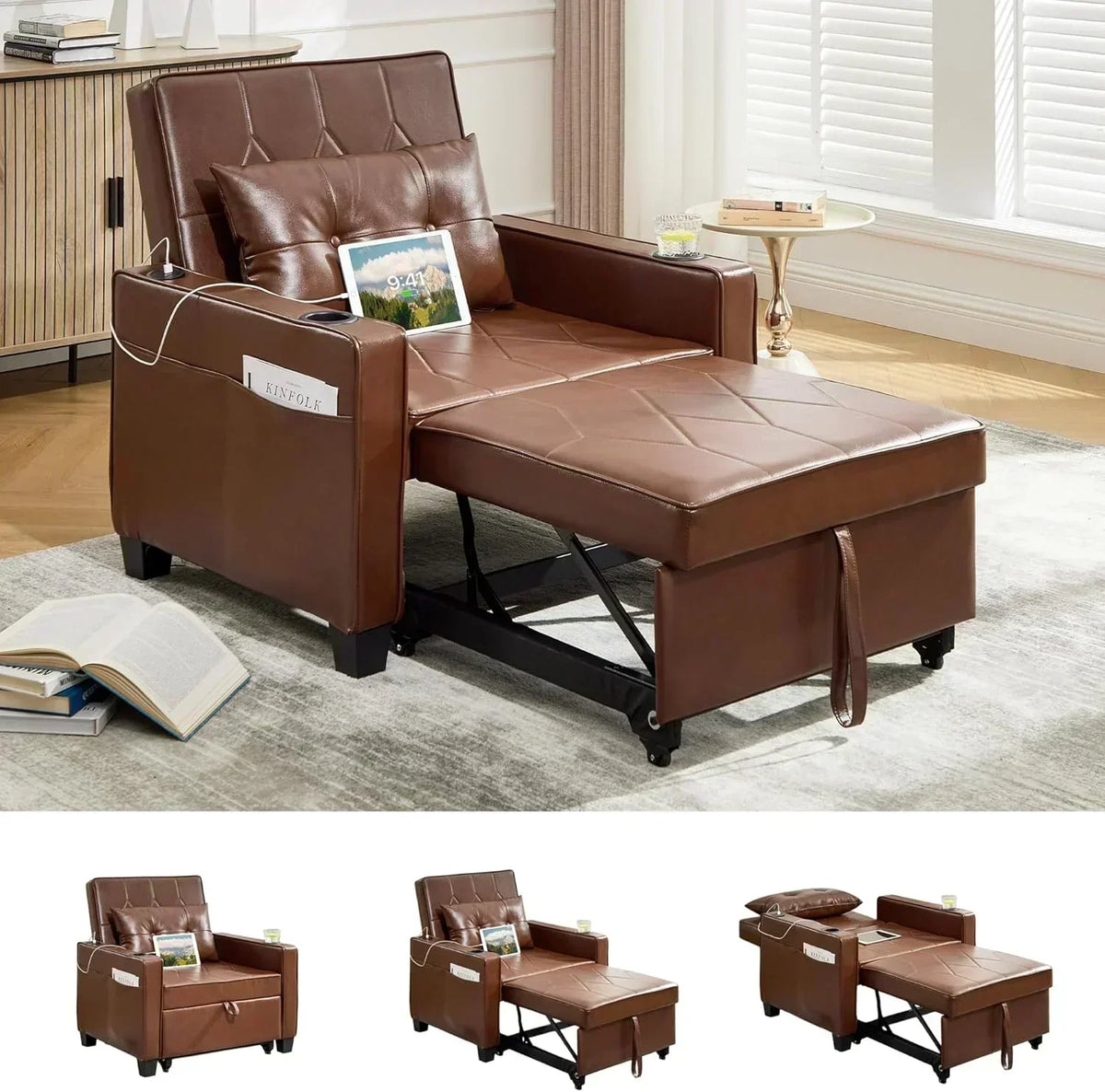 Adult Convertible Sleeper Chair Bed 3-in-1 Pull-Out Sofa Bed with USB/Type-C Ports Cup Holders