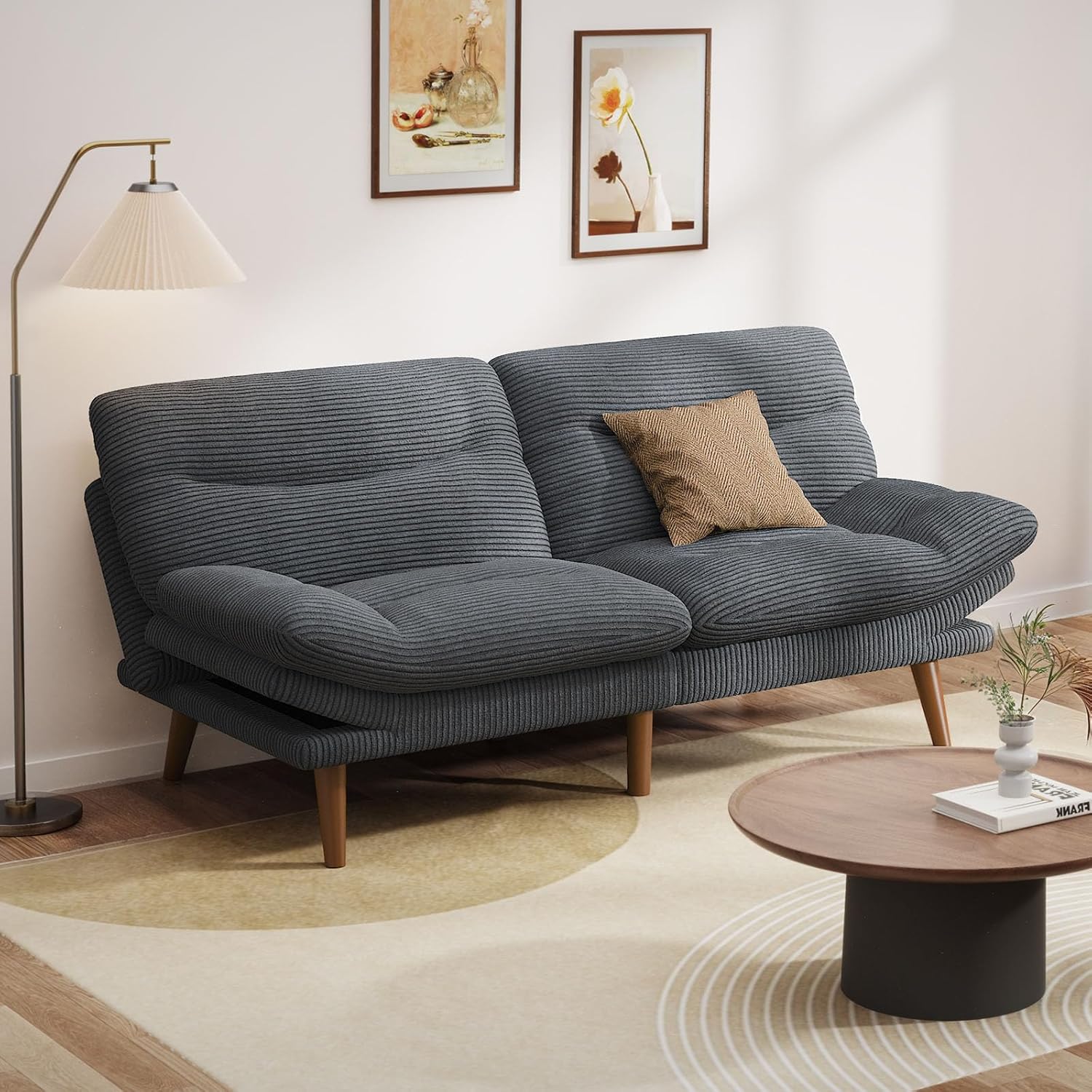 Pipishell Convertible Futon Sofa Bed,66 Corduroy Futon Couch with Adjustable Backrest and Armrests, Recliner Sleeper Sofa for Small Spaces, Play Room or Office, Grey
