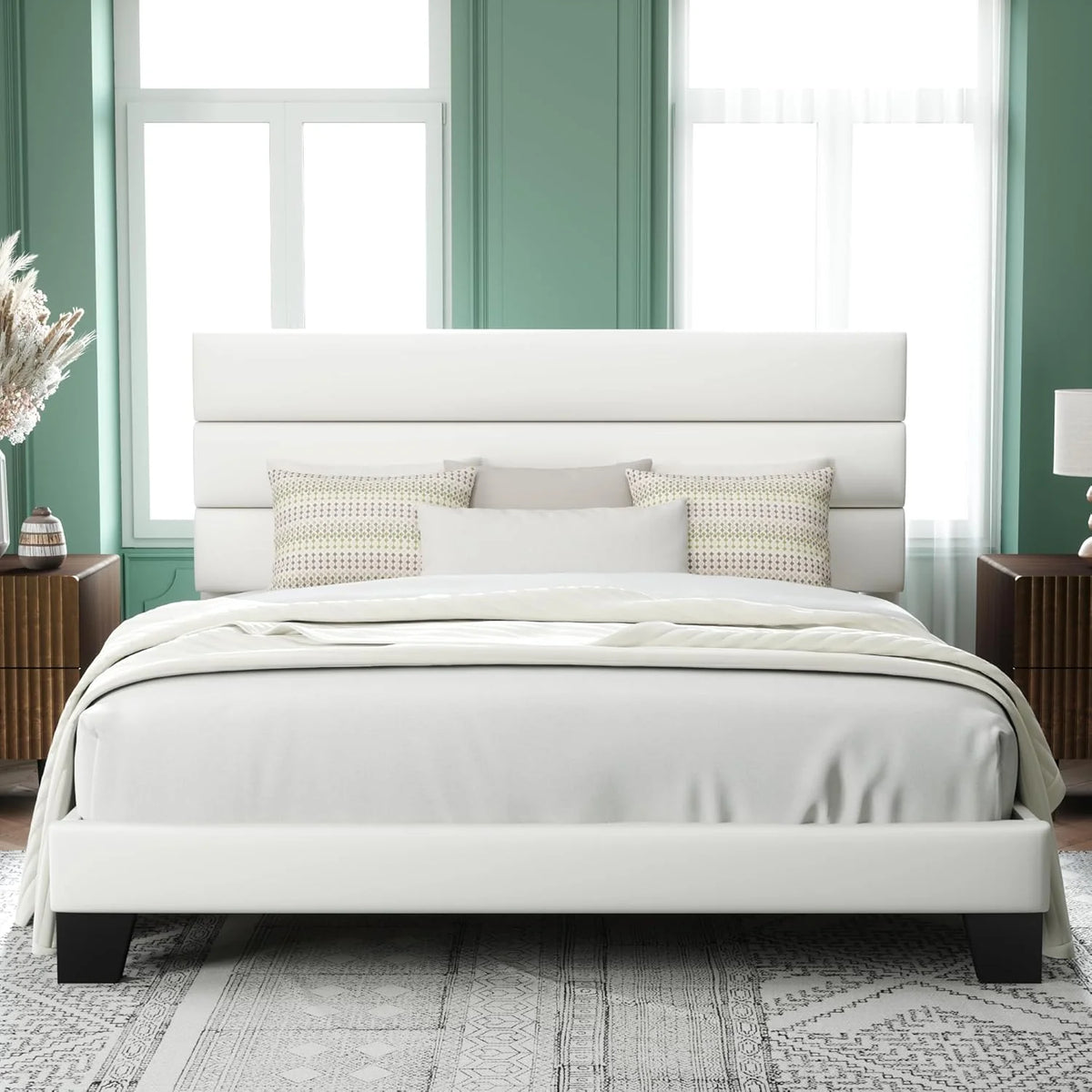 Allewie Queen Size Platform Bed Frame Fabric Upholstered Headboard Wooden Slats Support