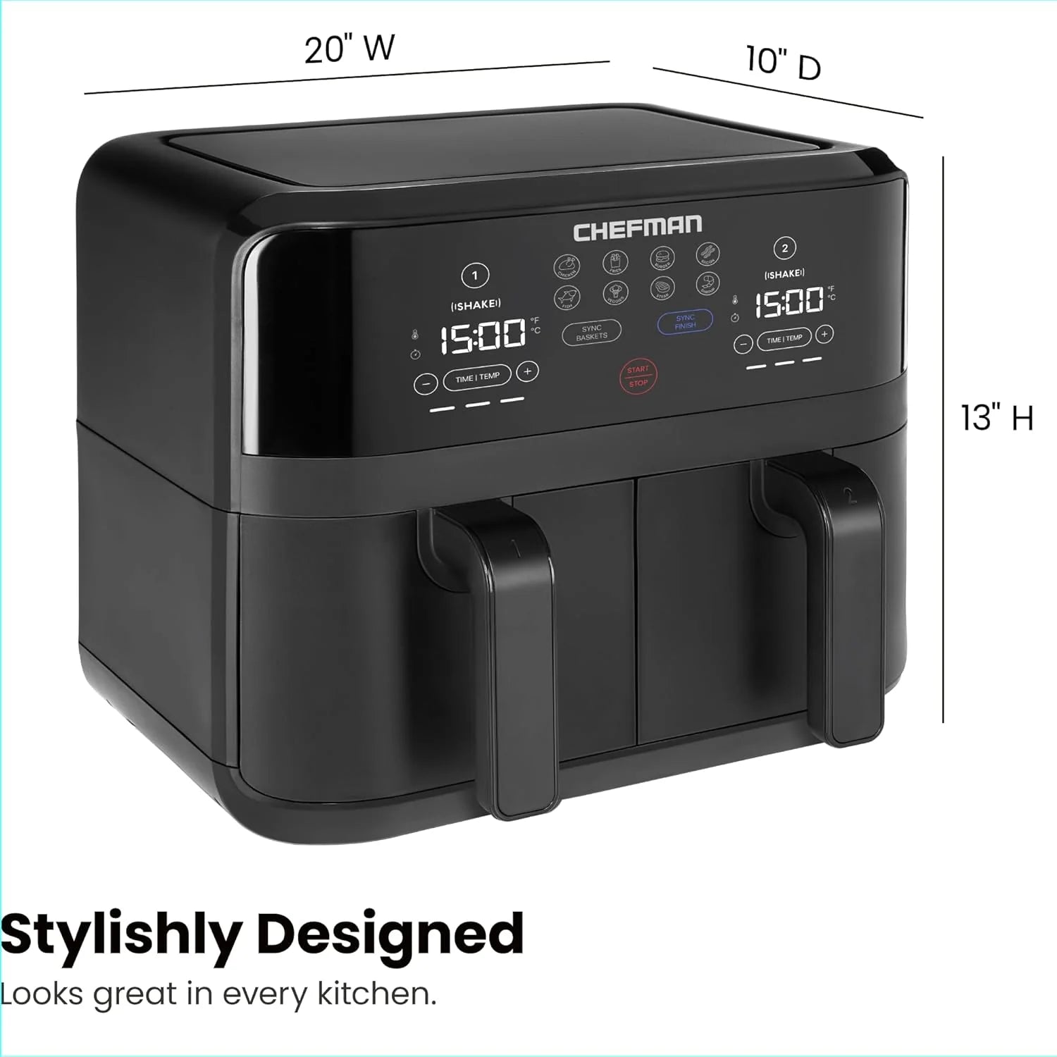 Chefman 6 Quart Dual Basket Air Fryer - Digital Touchscreen, Smart Sync Finish, Hi-Fry, Auto Shutoff, 2 Independent 3QT Nonstick Dishwasher-Safe Frying Baskets - Digital Double Air Fryer - Black