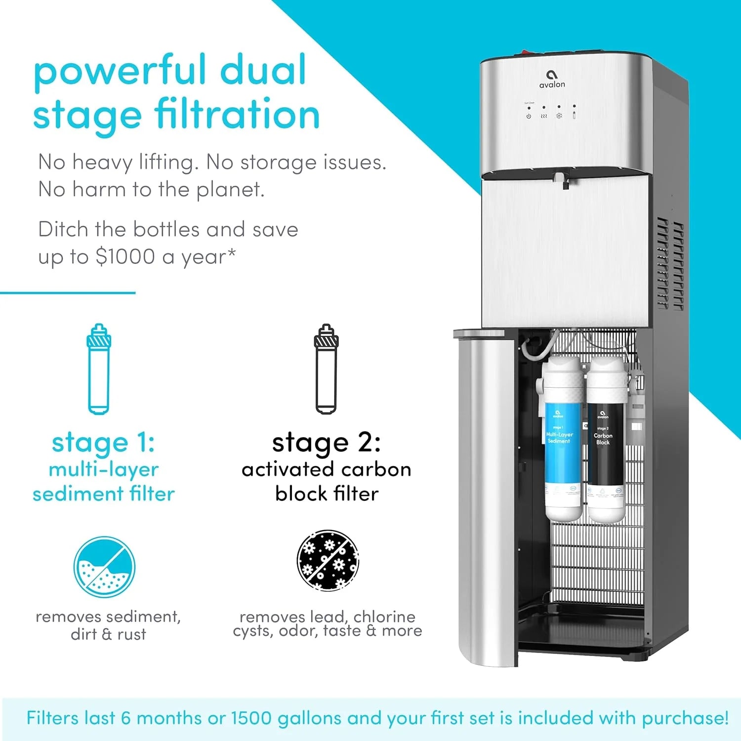 Avalon Bottom Loading Water Cooler Water Dispenser with BioGuard- 3 Temperature Settings - Hot, Cold & Room Water, Durable Stainless Steel Construction, Anti-Microbial Coating- UL Listed