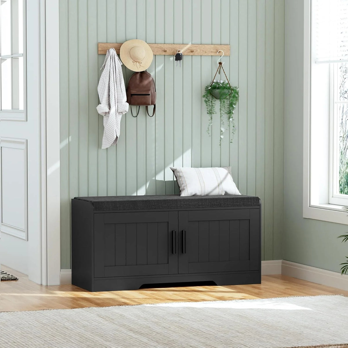2-Tier Storage Bench, Shoe Bench with Thickened Padded Seat Cushion, Entryway Bench with 4 Doors, Adjustable Shelf, 13.8 D x 45.3 W x 18.5 H, for Entryway, Living Room, Bedroom, White