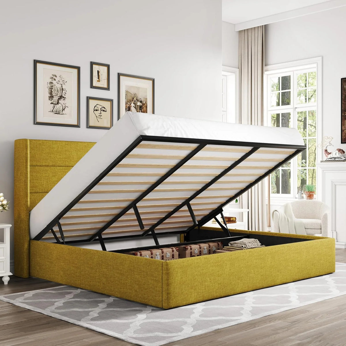 Allewie Queen Size Lift Up Storage Bed Modern Wingback Headboard Hydraulic Support